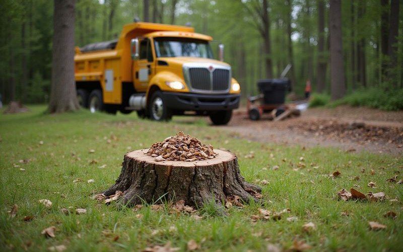Area after stump grinding showing clean hole with wood chips ready for grass seeding