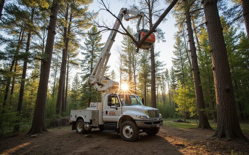 Arborist in bucket truck cutting high branches during tree removal process