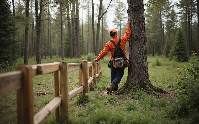 Arborist marking trees for preservation during lot clearing with protective fencing