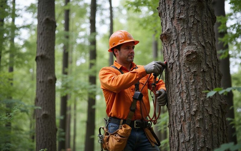 Arborist performing crown thinning on mature tree professional pruning technique