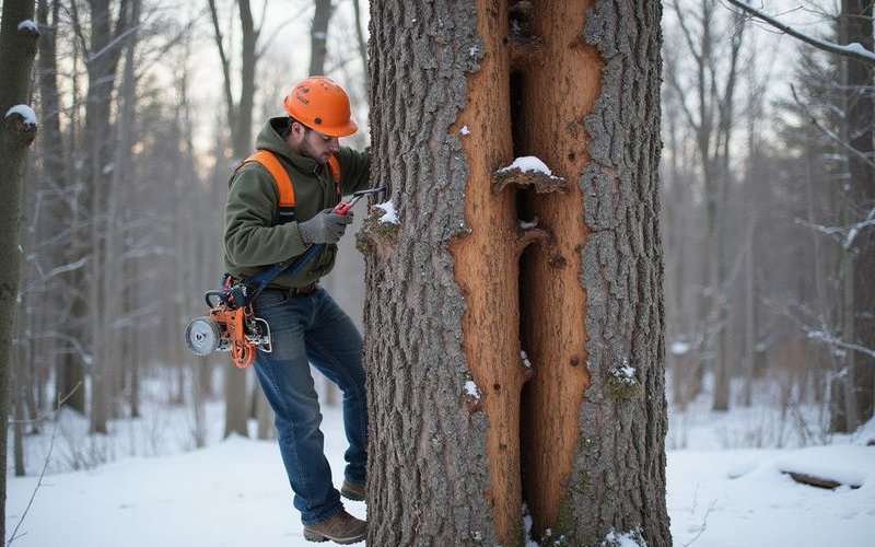 Arborist pruning dormant tree in winter snow conditions in Duluth Minnesota