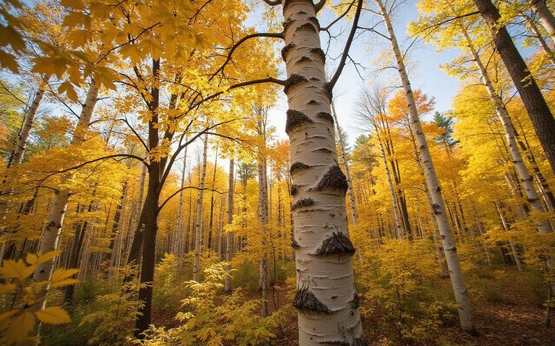 Birch tree showing drought stress symptoms with yellowing leaves and sparse canopy