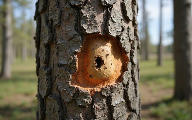 Bronze birch borer damage showing D-shaped exit holes in birch tree bark
