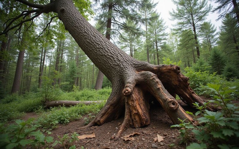 Tree showing dangerous lean with exposed roots and soil heaving indicating imminent failure risk
