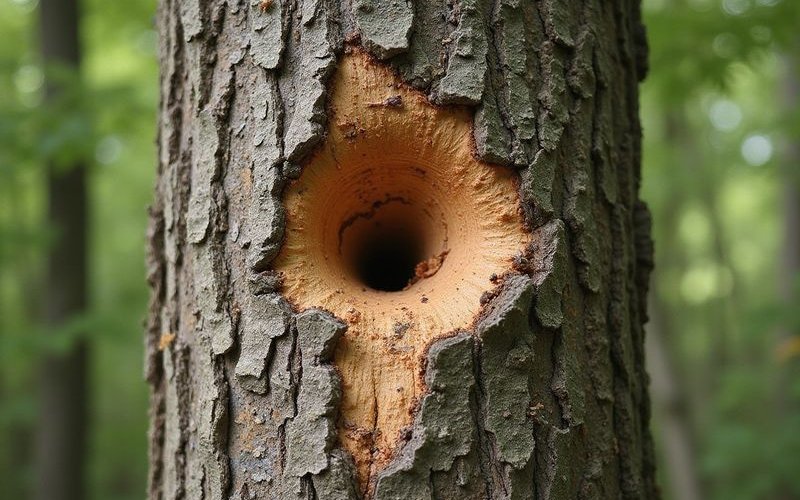 Emerald ash borer damage showing D-shaped exit holes and bark damage on ash tree trunk