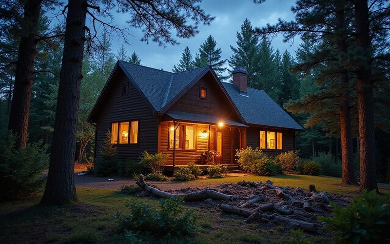 Emergency tree removal crew responding to storm damage tree on house at night