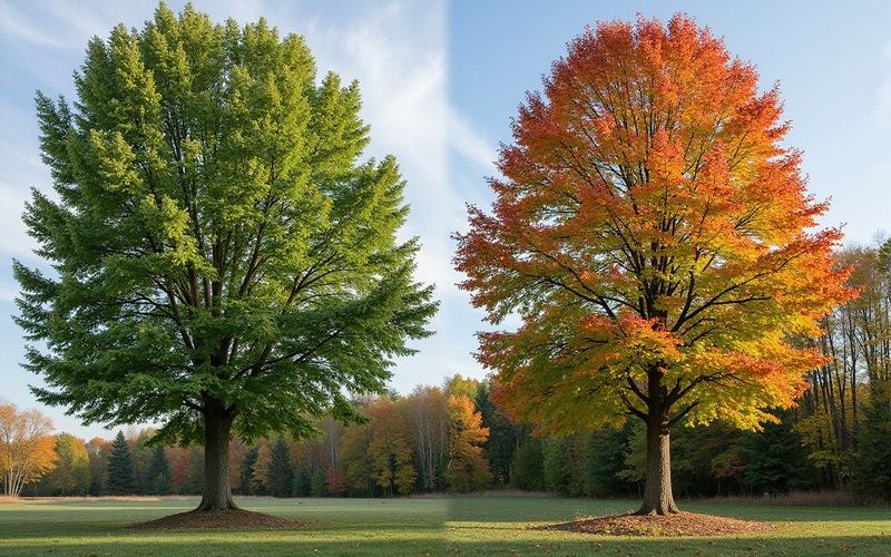 Comparison of healthy treated ash tree versus declining untreated ash tree showing difference in canopy