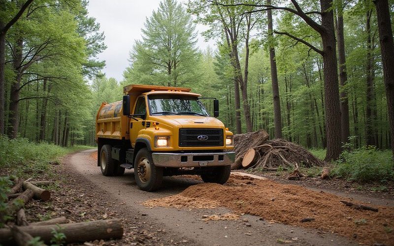Heavy equipment performing lot clearing operations on wooded property for new home construction