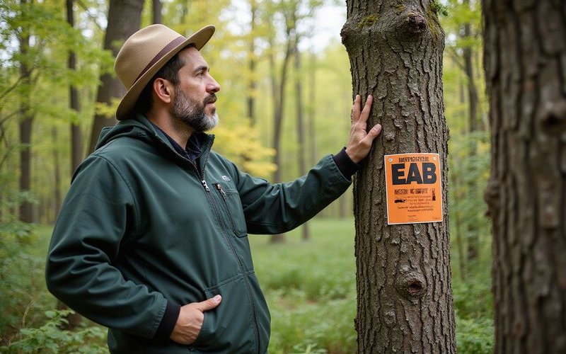 Homeowner inspecting ash trees for emerald ash borer signs in Duluth yard with ISA certified arborist