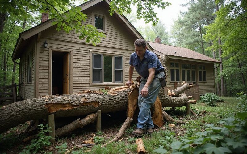 Insurance adjuster documenting tree damage to house for storm damage claim