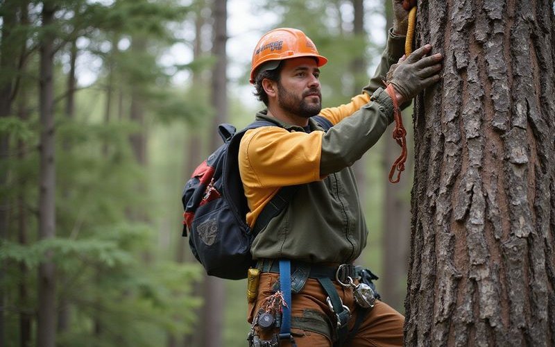 ISA certified arborist using proper climbing equipment and safety gear in tree