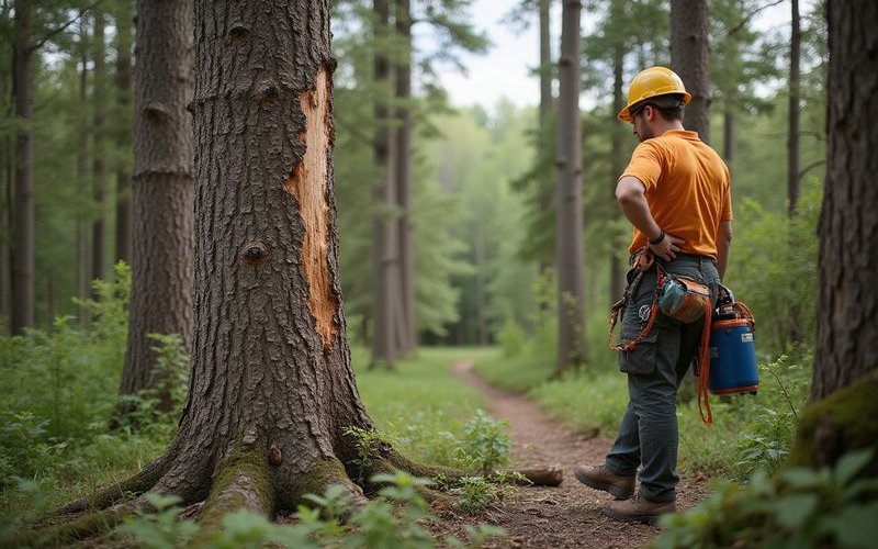 ISA certified arborist performing tree risk assessment examining trunk for decay signs