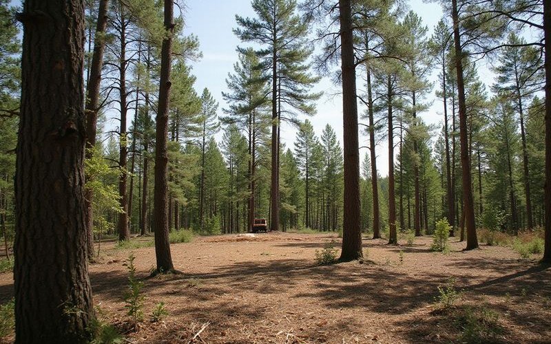 Lot clearing site with marked trees showing selective clearing plan for new construction