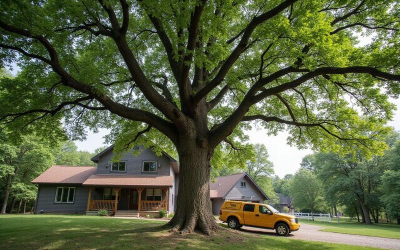 Mature oak tree preserved during construction providing shade for new home