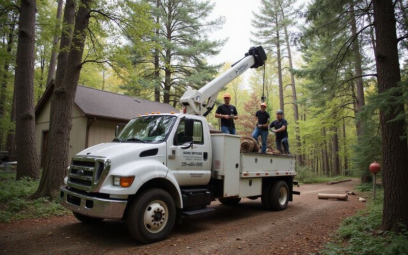 Professional tree removal crew working on large pine tree in Duluth Minnesota residential neighborhood with bucket truck