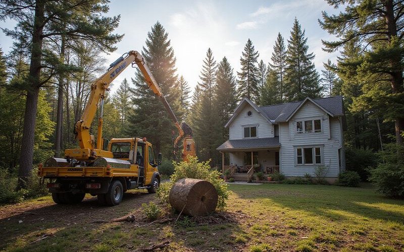 Professional tree removal from storm damaged house using crane and rigging equipment