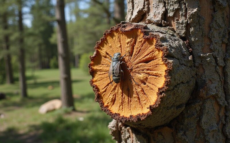 Rotting tree stump showing fungal growth and insect damage attracting pests