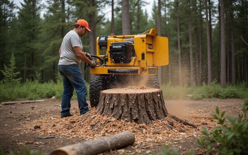 Stump grinder machine in action removing tree stump with wood chips flying