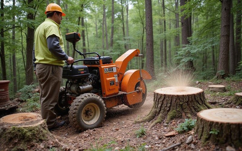 Tree stump grinder machine working on stump after removal in Duluth Minnesota backyard professional equipment