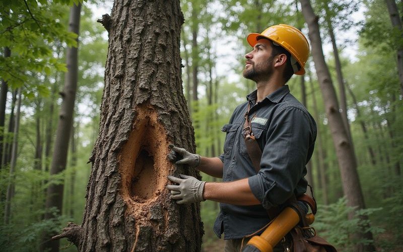 Tree inspection showing root zone and structural assessment for storm damage risk