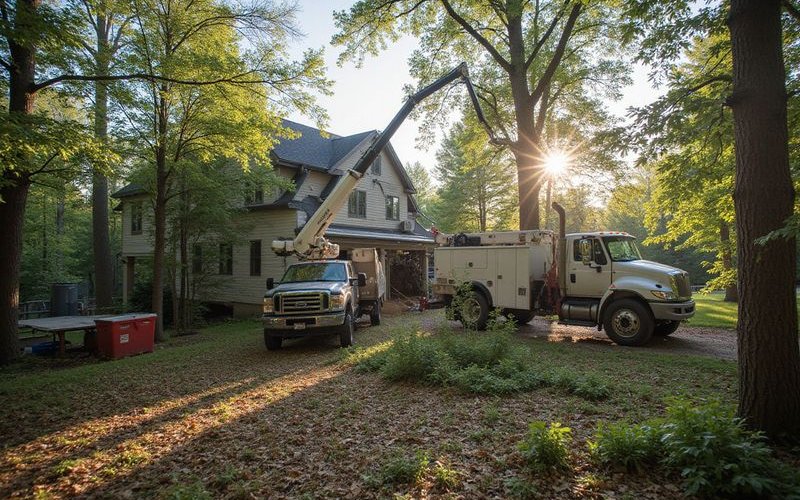 Tree removal crane working on large hazardous tree near house professional equipment safe removal