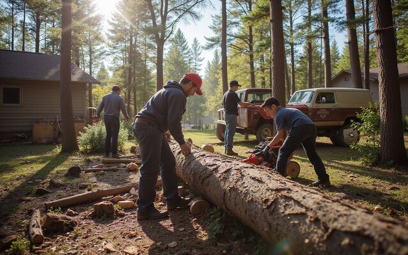 Tree service crew setting up equipment for residential tree removal in Duluth Minnesota
