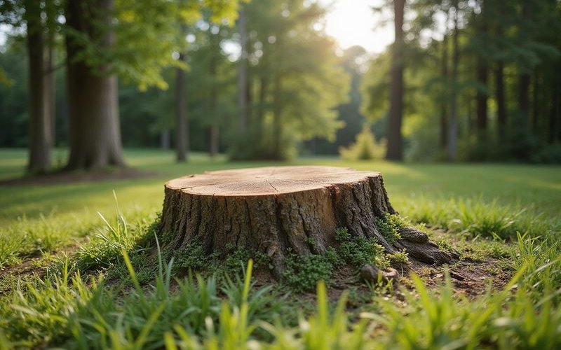 Tree stump in lawn creating mowing obstacle and visual eyesore